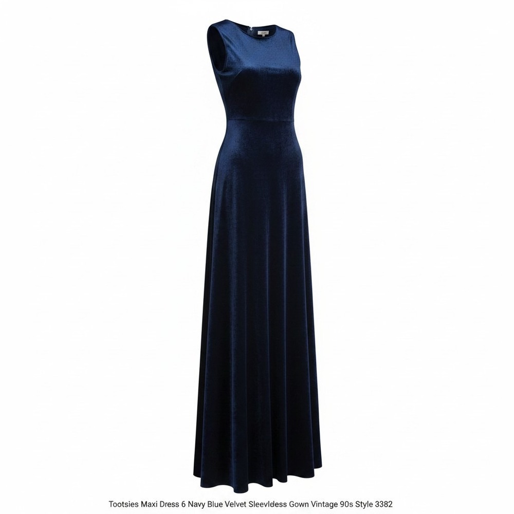 Tootsies Maxi Dress 6 Navy Blue Velvet Sleeveless Gown Vintage 90s Style 3382